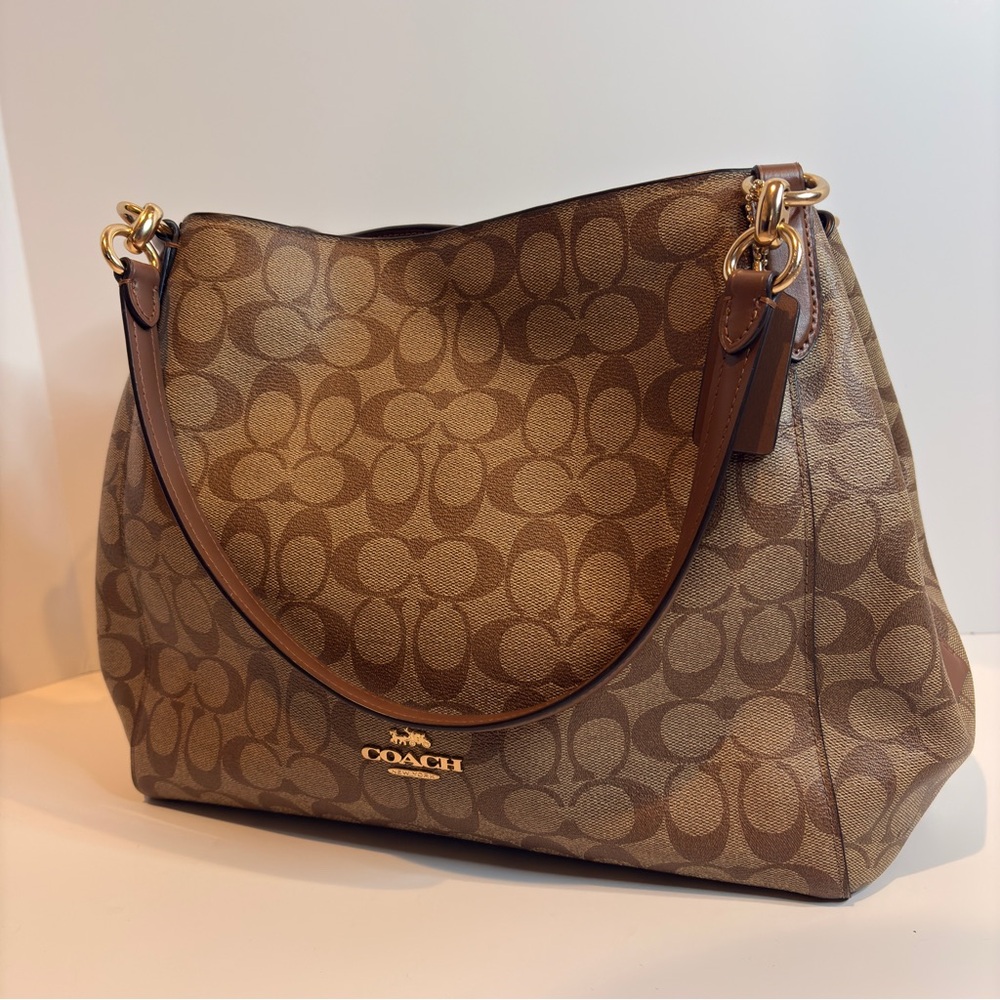 Coach Brown/Tan Signature Canvas Hallie Carryall Tote Style F80298 - Picture 4 of 11